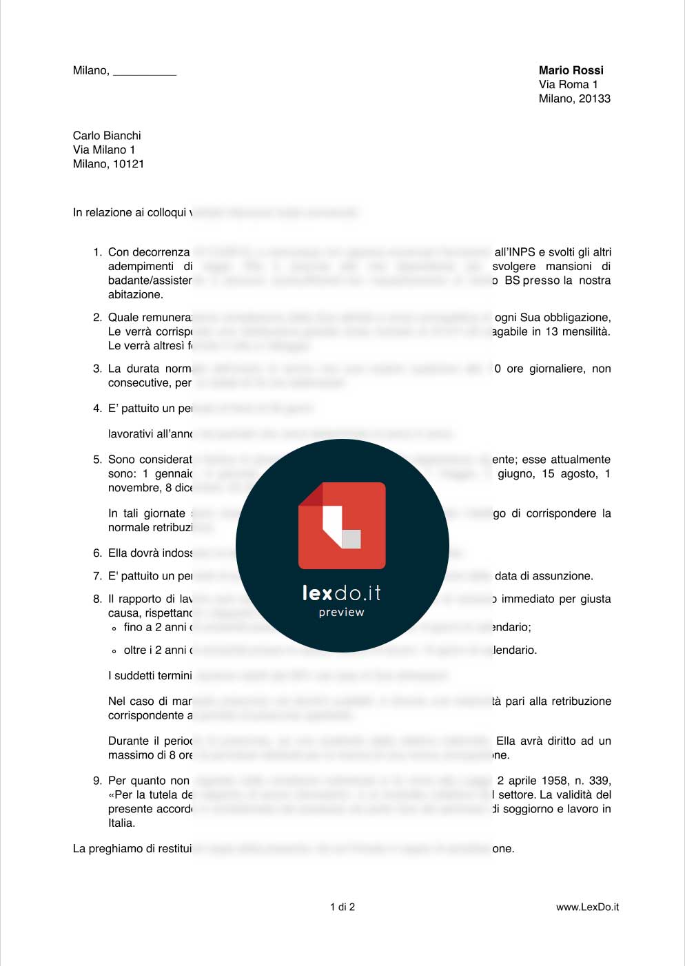 Contratto Di Lavoro Domestico (Colf, Badanti, Baby Sitter, Etc.) - LexDo.it