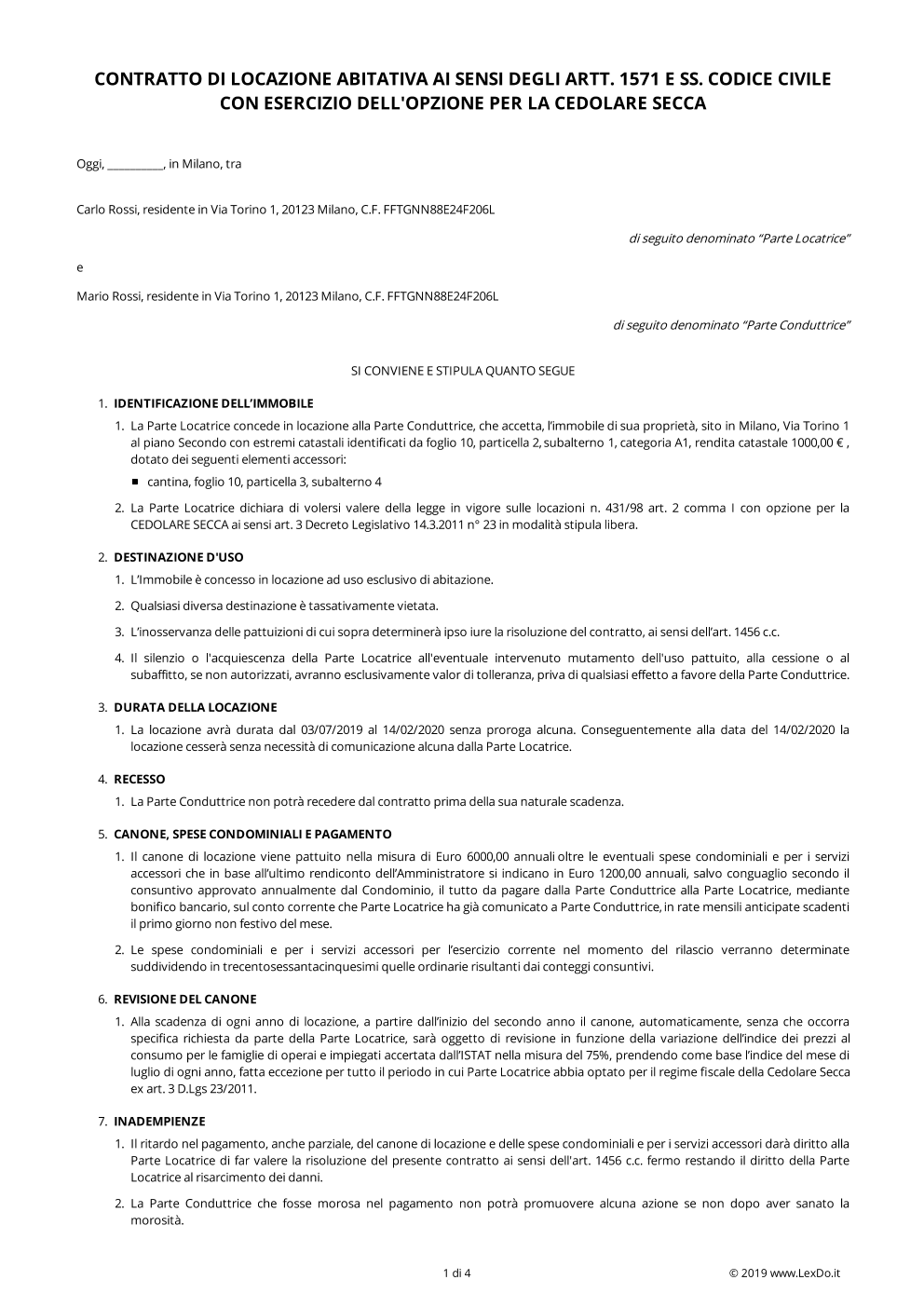 CONTRATTO CEDOLARE SECCA DA SCARICA